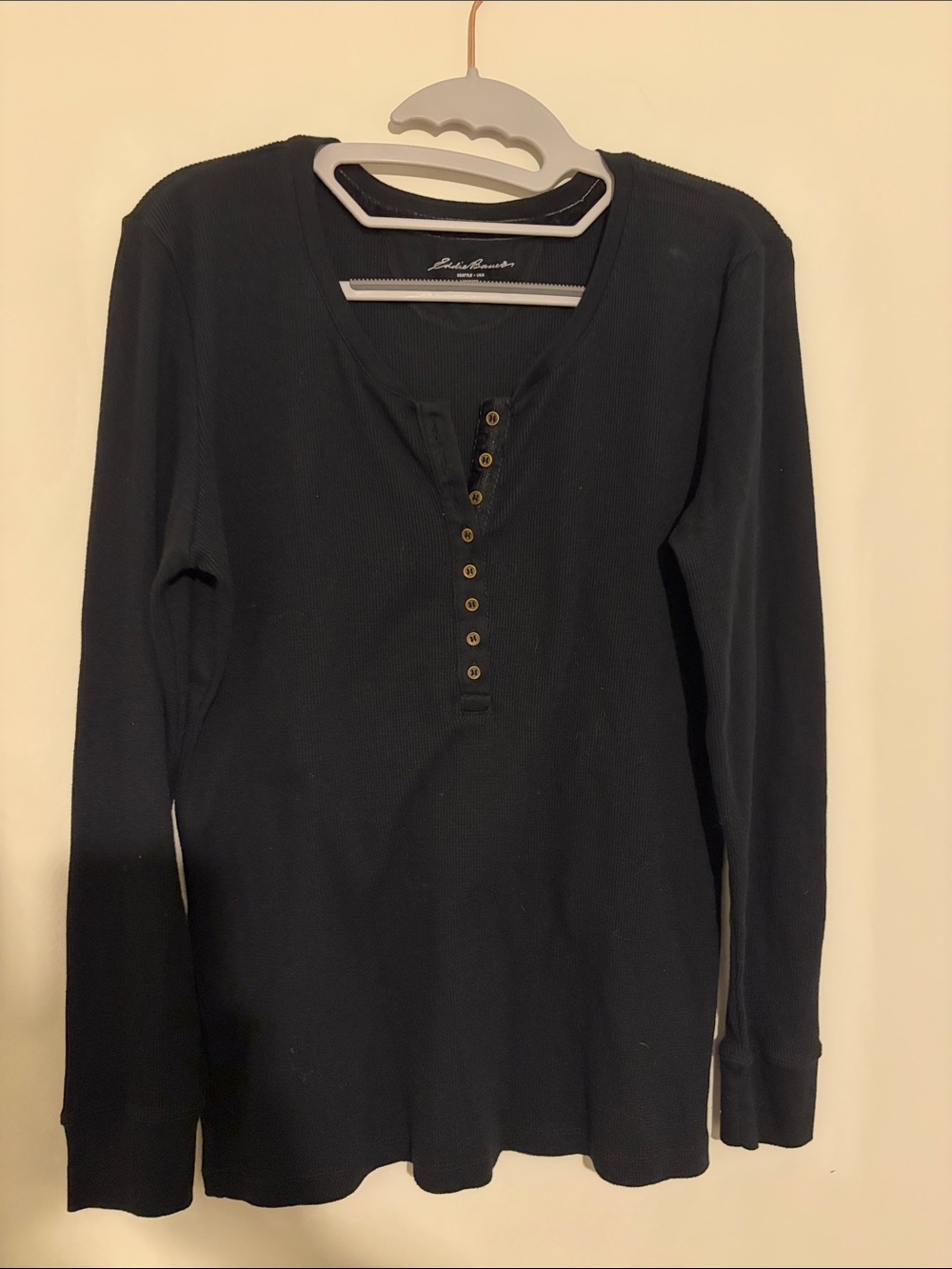 Eddie Bauer Black Waffle Knit Henley Top